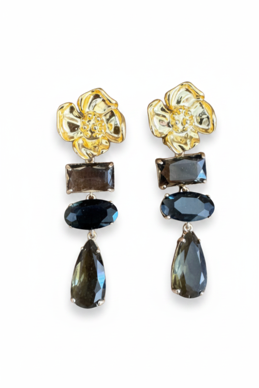 LUP48-LUCIA PIÑA-ARETES DE FLOR EN BAÑO DE ORO CON CRISTALES -S1392