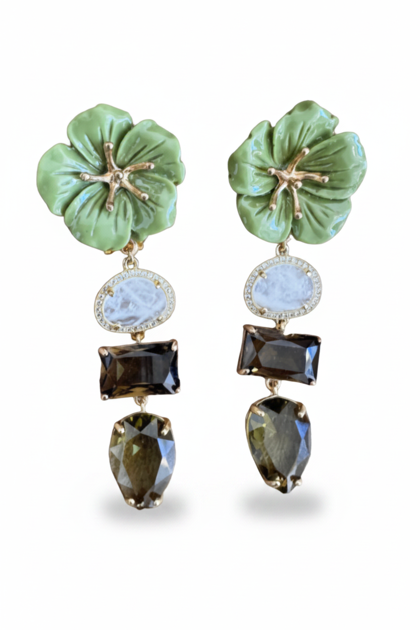 LUP76-LUCIA PIÑA -ARETES DE FLORES EN RESINA CON CRISTALES  -S1508