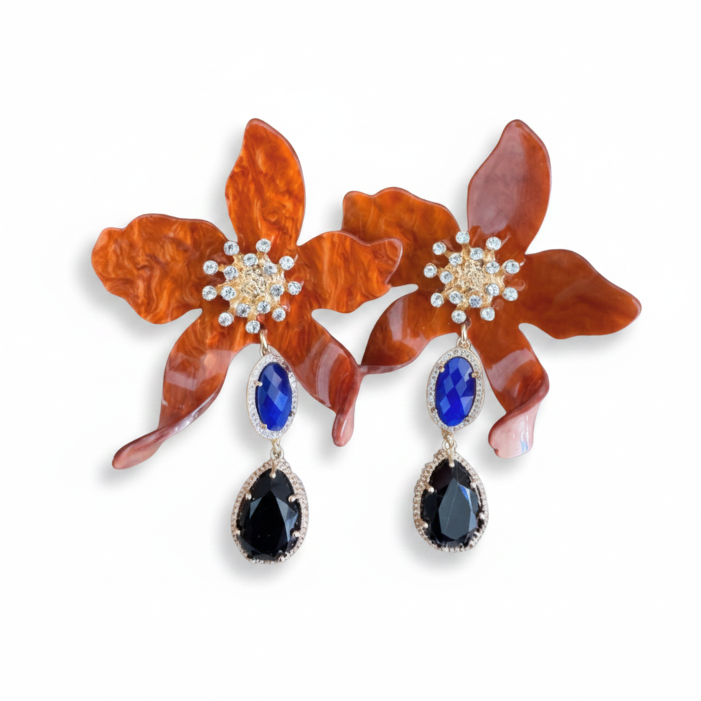 LUP60-LUCIA PIÑA-ARETES DE FLORES EN RESINA CON PIEDRAS NATURALES Y CRISTAL  -S1624