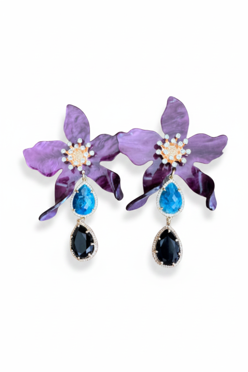 LUP67-LUCIA PIÑA-ARETES DE FLORES EN RESINA CON PIEDRAS NATURALES Y CRISTAL  -S1624