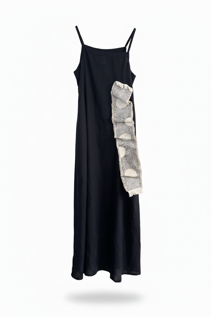 ALER28-ALEJANDRA RAW-VESTIDO YURIKO LINO NEGRO PIEZA UNICA BORDADA SACHIKO-S5900