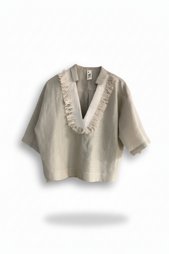 ALER25-ALEJANDRA RAW-#22 BLUSA CUELLO V / LINO-ALGODON DETALLE DESHILACHADO-S4599