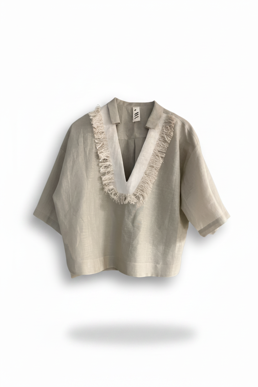 ALER25-ALEJANDRA RAW-#22 BLUSA CUELLO V / LINO-ALGODON DETALLE DESHILACHADO-S4599