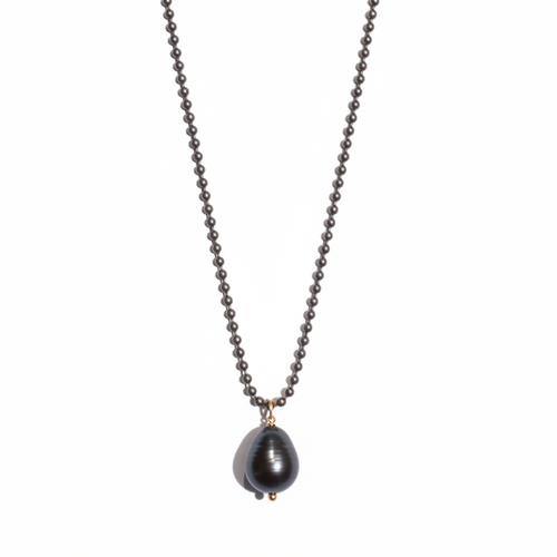MAN150-MANI MAALAI-CADENA DE BOLITAS PLATA OX Y DIJE PERLA 60 CM-S2490