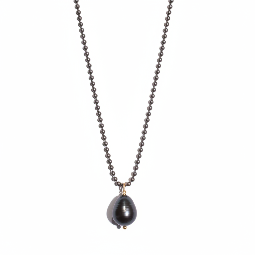 MAN150-MANI MAALAI-CADENA DE BOLITAS PLATA OX Y DIJE PERLA 60 CM-S2490