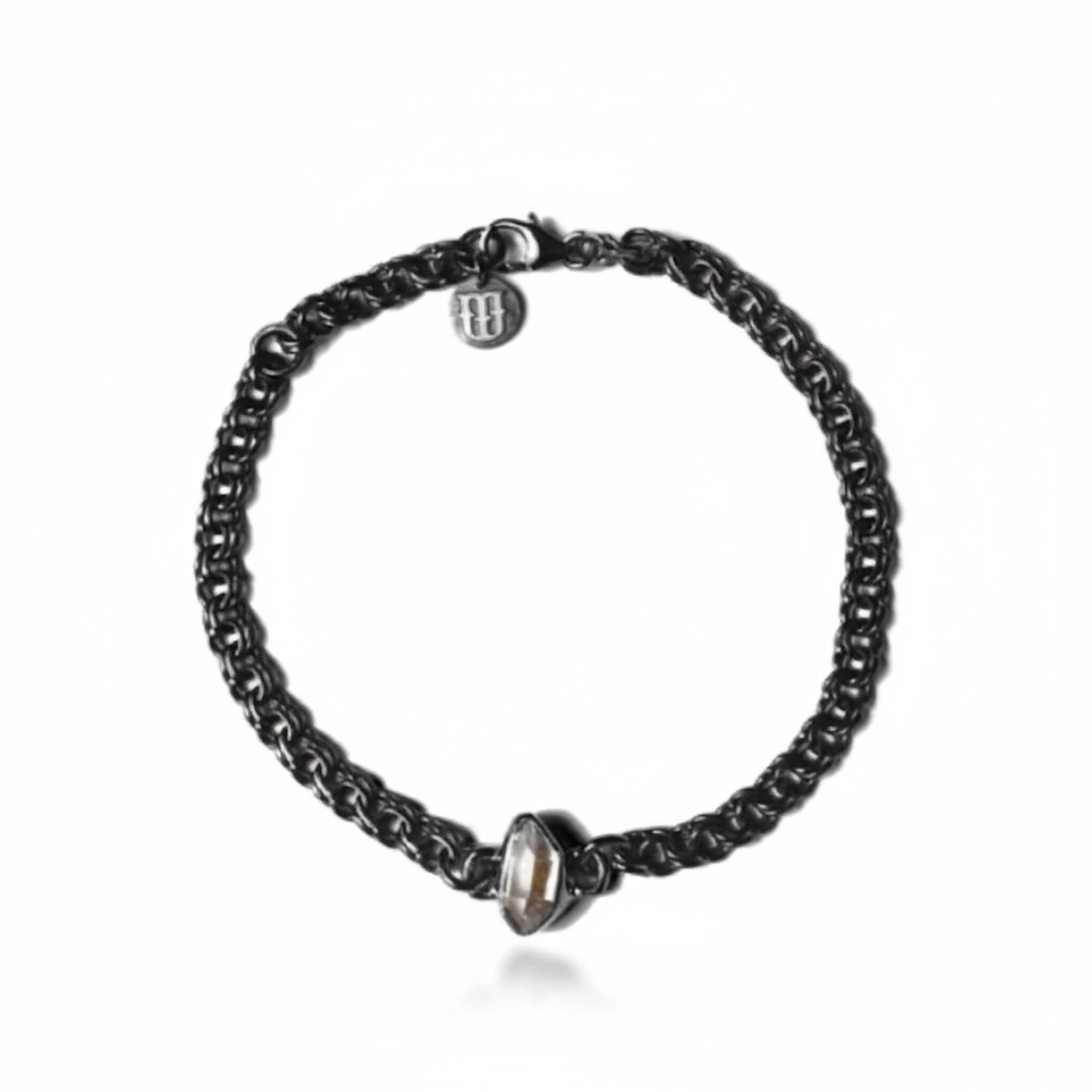 MAN132-MANI MAALAI- PULSERA HERKIMER BISELADO EN CADENA FLAT PLATA RODIO-S1450