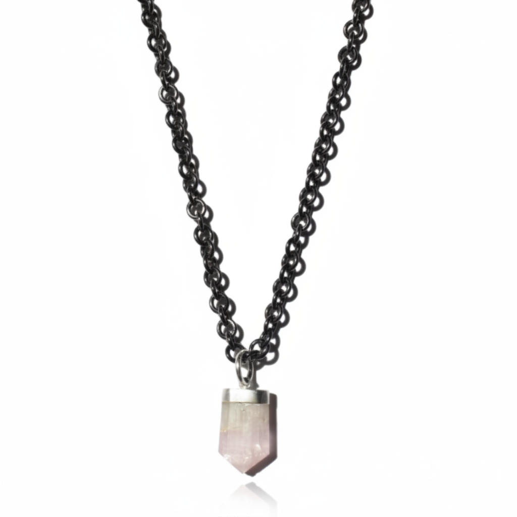 MAN125-MANI MAALAI-CUARZO KUNZITA ROSA EN CADENA RODIO-S3690