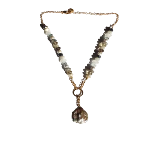MAN114-MANI MAALAI-COLLAR PERLA IRREGULAR GRIS CON PIEDRAS-S2250
