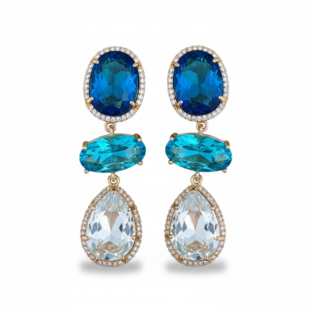 LUP107-LUCIA PIÑA-ARETES DE FLORES EN ZIRCONIAS CON PIEDRA NATURAL Y CRISTAL -S1508