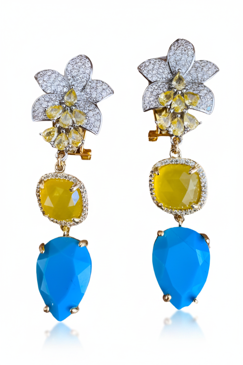 LUP84-LUCIA PIÑA-ARETES DE FLORES EN ZIRCONIAS CON PIEDRA NATURAL Y CRISTAL -S1508