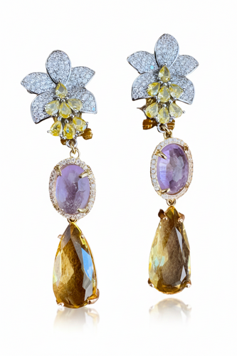 LUP111-LUCIA PIÑA-ARETES DE FLORES CON ZIRCONIAS Y PIEDRAS AMATISTAS CON CRISTAL -S1508