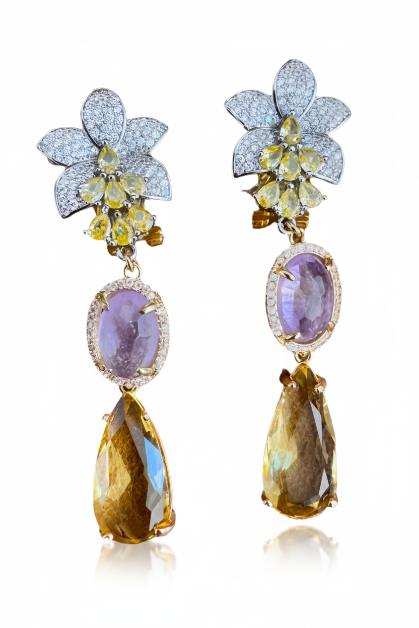 LUP111-LUCIA PIÑA-ARETES DE FLORES CON ZIRCONIAS Y PIEDRAS AMATISTAS CON CRISTAL -S1508