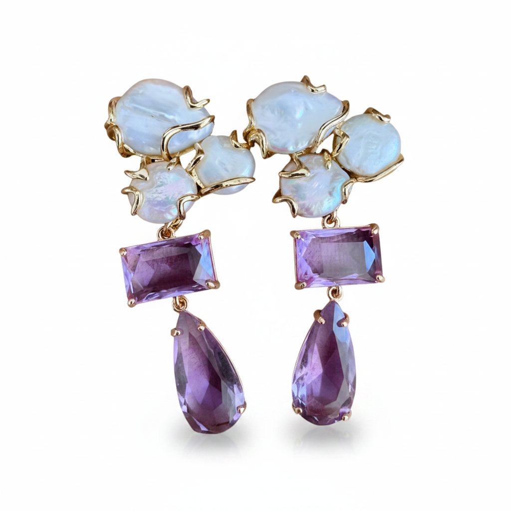 LUP112-LUCIA PIÑA-ARETES DE PERLAS NATURALES CON CRISTALES -S1508