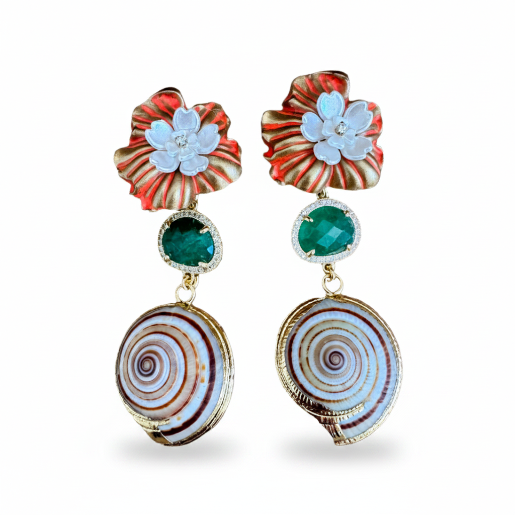 LUP114-LUCIA PIÑA-ARETES DE FLORES EN RESINA CON PIEDRA NATURAL Y CONCHA-S1508