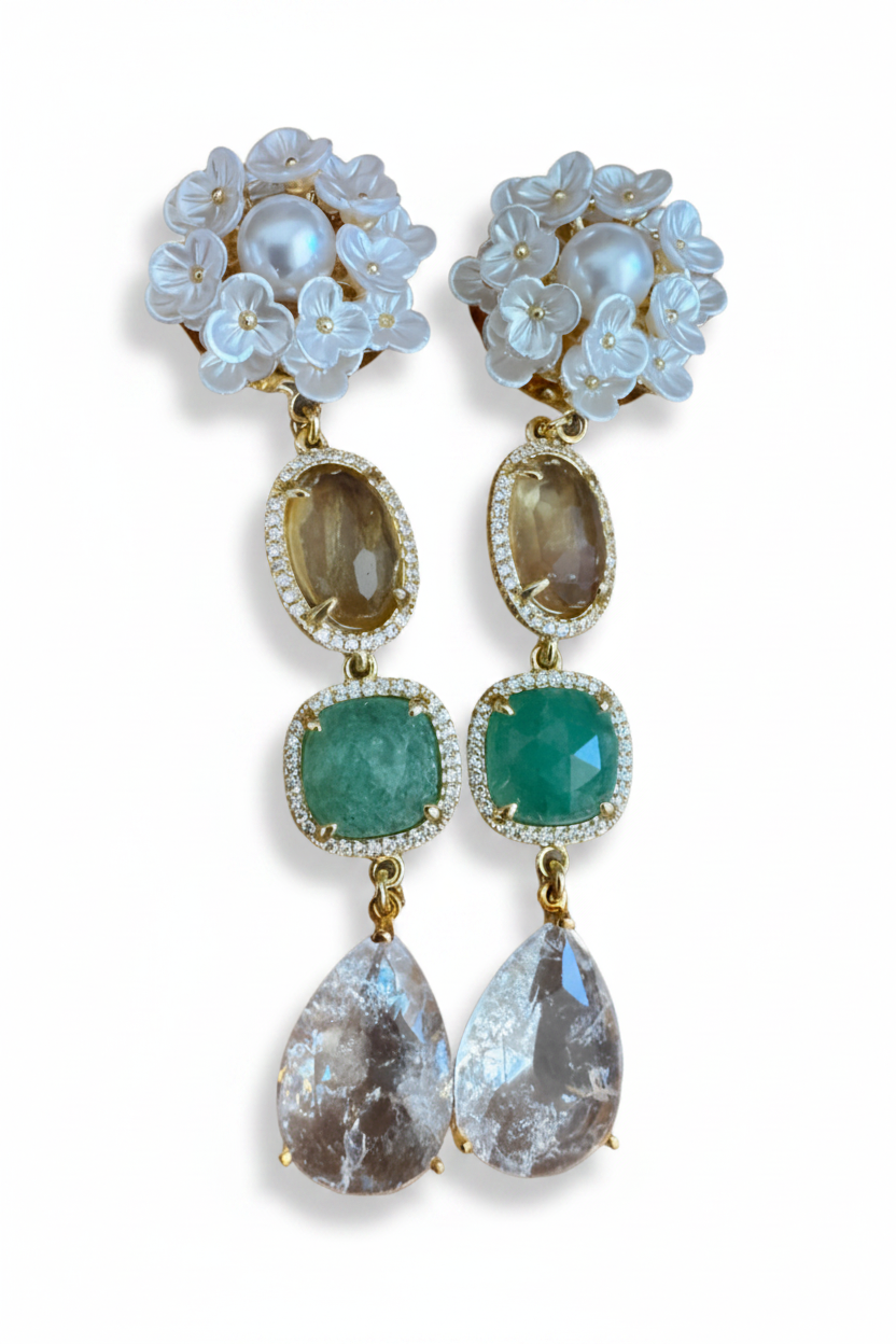 LUP103-LUCIA PIÑA-ARETES DE FLORES EN RESINA CON PIEDRAS NATURALES Y CRISTALES -S1624