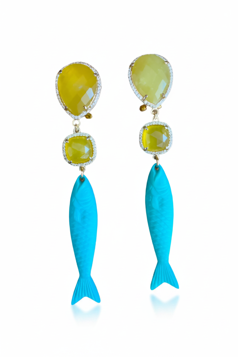 LUP104-LUCIA PIÑA-ARETES DE PIEDRAS NATURALES CON PEZ EN RESINA  -S1624