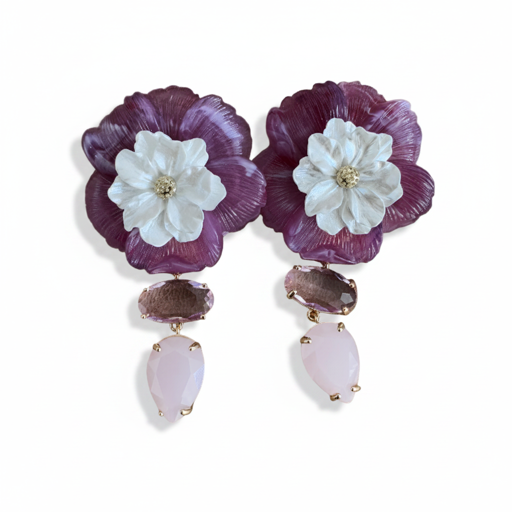 LUP123-LUCIA PIÑA-ARETES DE FLORES EN RESINA CON CRISTALES-S1624