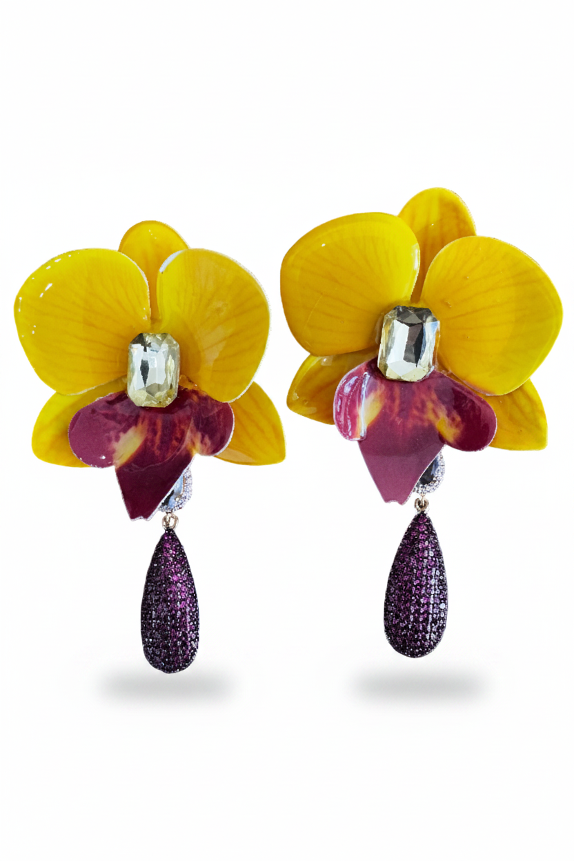 LUP124-LUCIA PIÑA-ARETES DE ORQUIDEAS EN RESINA CON CRISTALES -S1508
