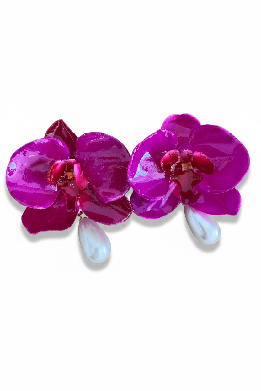 LUP128-LUCIA PIÑA-ARETES DE ORQUIDEAS EN RESUNA CON PERLA SINTETICA-S1624