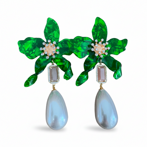 LUP133-LUCIA PIÑA-ARETES DE FLORES EN RESINA CON PIEDRA NATURAL Y PERLA SINTÉTICA -S1624