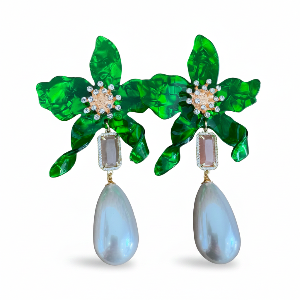 LUP133-LUCIA PIÑA-ARETES DE FLORES EN RESINA CON PIEDRA NATURAL Y PERLA SINTÉTICA -S1624