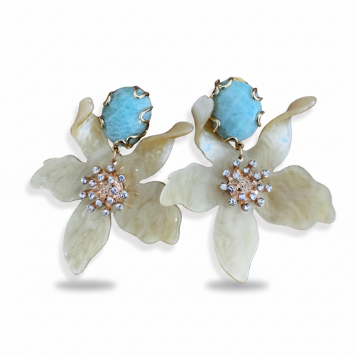 LUP134-LUCIA PIÑA-ARETES DE PIEDRA AMAZONITA NATURAL CON FLOR EN RESINA A -S1624