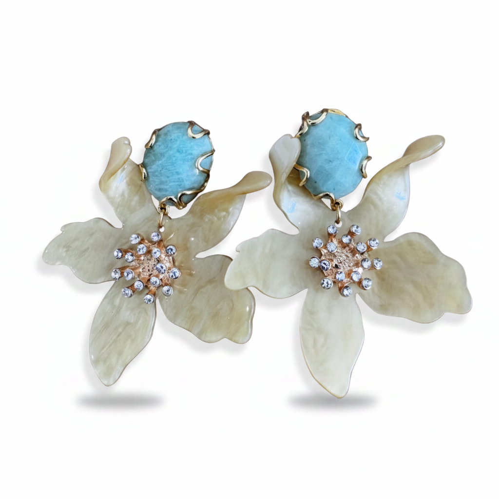 LUP134-LUCIA PIÑA-ARETES DE PIEDRA AMAZONITA NATURAL CON FLOR EN RESINA A -S1624