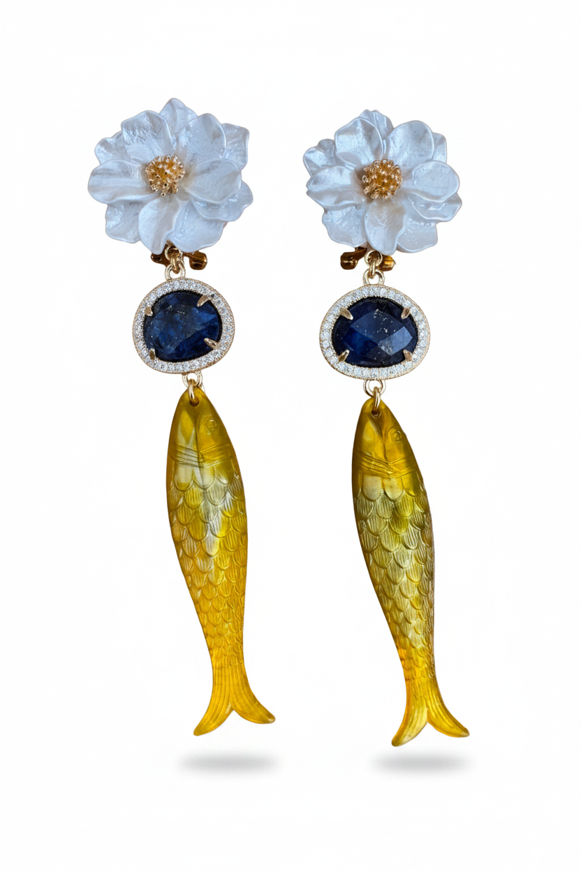 LUP138-LUCIA PIÑA-ARETES DE FLORES EN RESINA CON PIEDRA LABRADORITA Y PEZ EN RESINA  -S1508