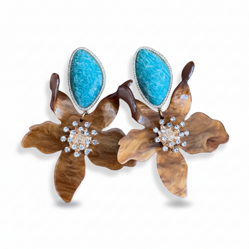 LUP140-LUCIA PIÑA-ARETES DE PIEDRA AMAZONITA CON FLOR EN RESINA -S1624