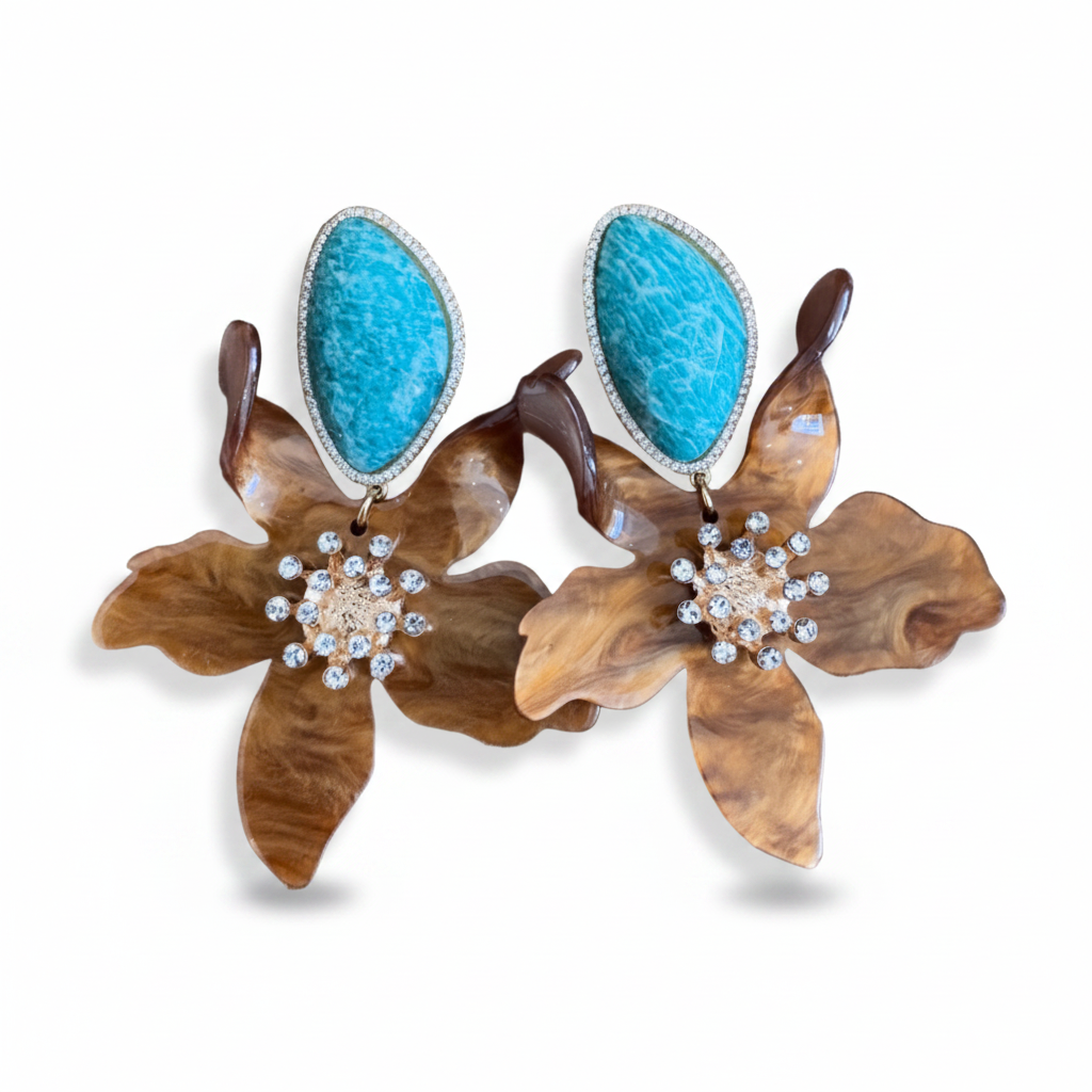 LUP140-LUCIA PIÑA-ARETES DE PIEDRA AMAZONITA CON FLOR EN RESINA -S1624