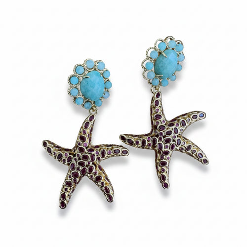 LUP141-LUCIA PIÑA-ARETES DE PIEDRAS AMAZÓNICAS CON ESTRELLA DE MAR EN CRISTALES -S1624