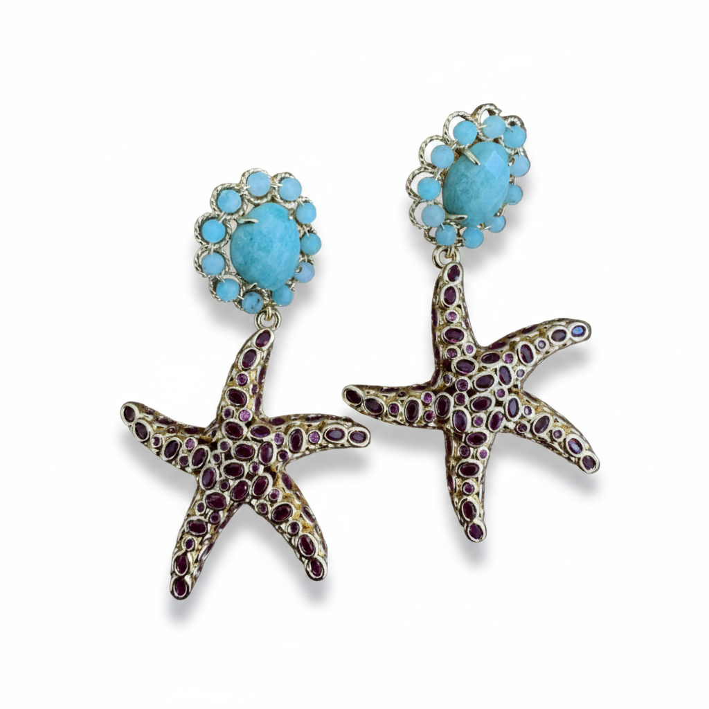 LUP141-LUCIA PIÑA-ARETES DE PIEDRAS AMAZÓNICAS CON ESTRELLA DE MAR EN CRISTALES -S1624
