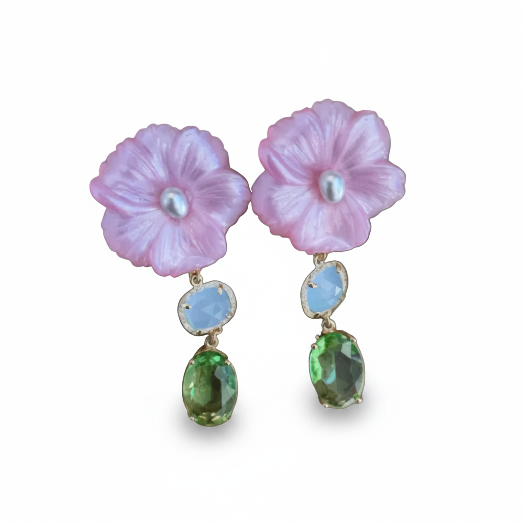 LUP142-LUCIA PIÑA-ARETES DE FLORES EN RESINA CON PIEDRA NATURAL Y CRISTAL -S1508