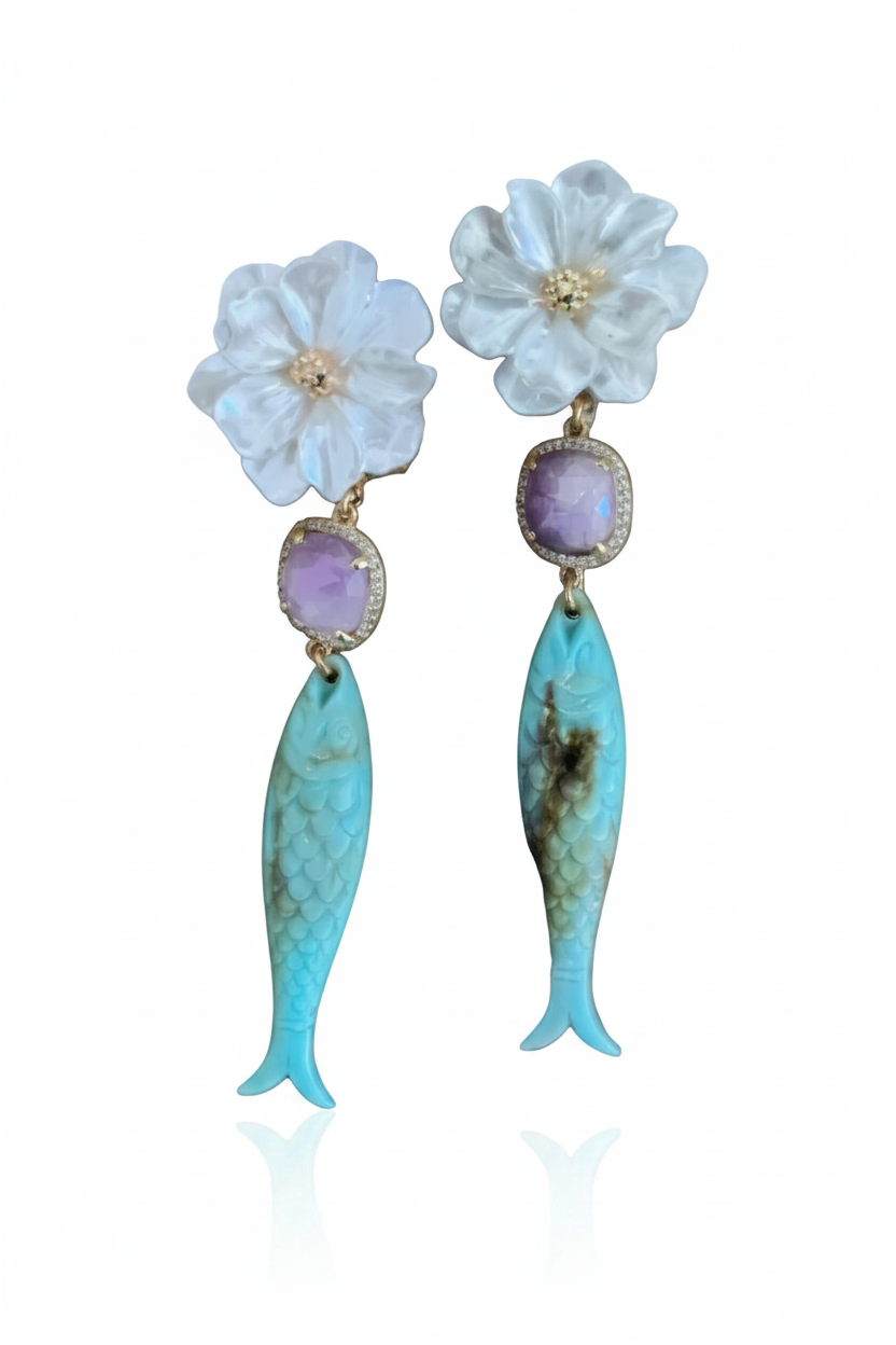 LUP143-LUCIA PIÑA-ARETES DE CRISTAL CON PIEDRAS NATURALES Y PEZ EN RESINA -S1508