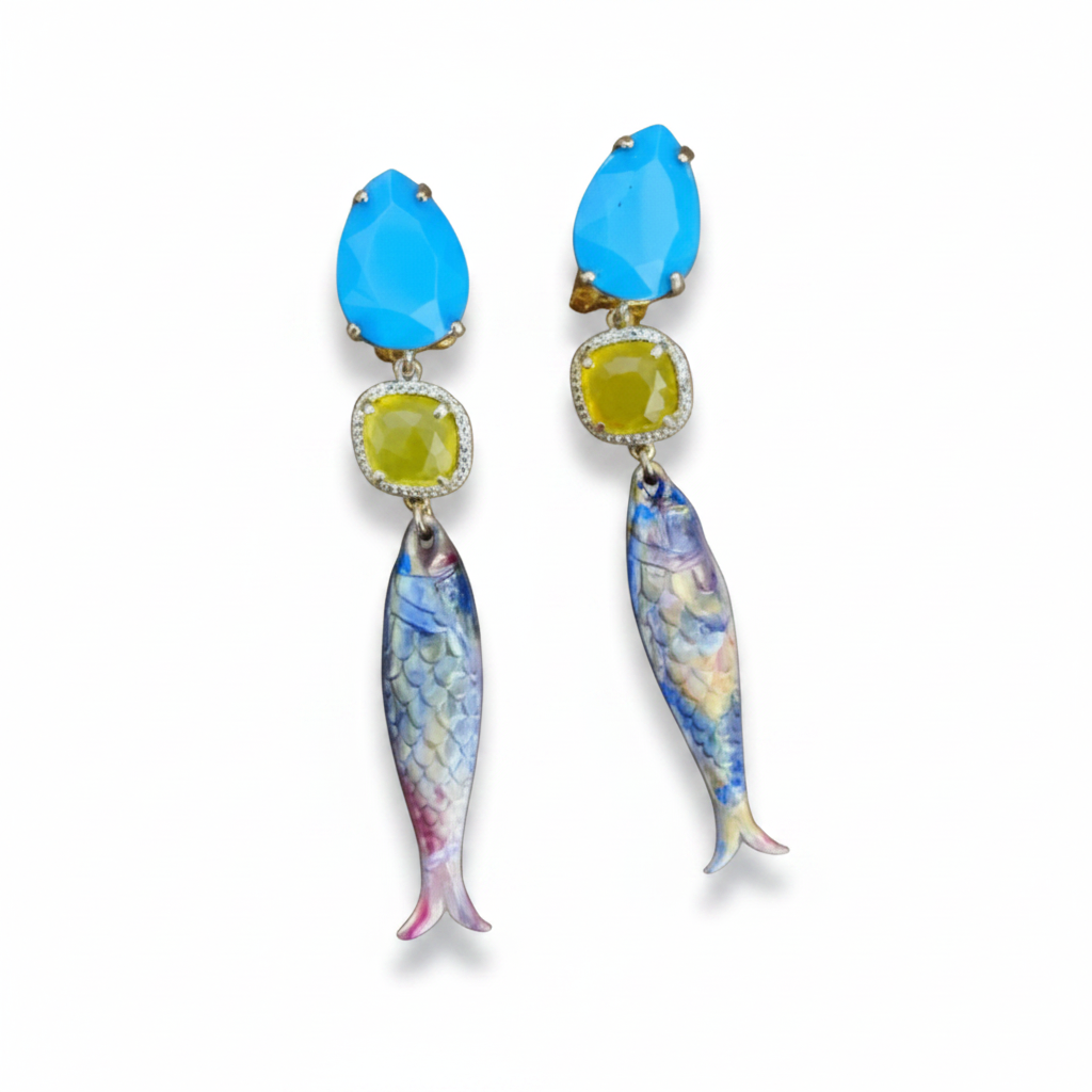 LUP149-LUCIA PIÑA-ARETES DE CRISTAL CON PIEDRAS NATURALES Y PEZ EN RESINA -S1508