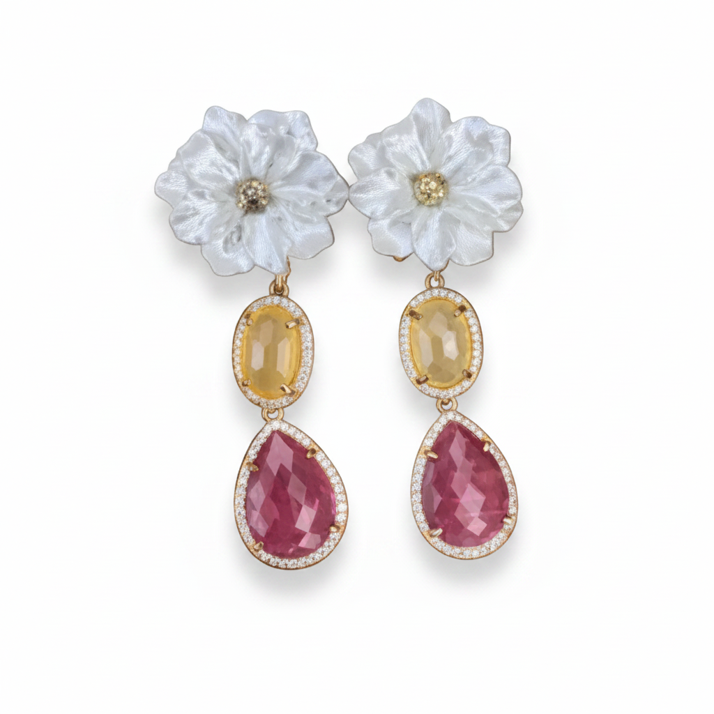 LUP151-LUCIA PIÑA-ARETES DE FLORES EN RESINA CON PIEDRA NATURAL Y CRISTAL-S1508