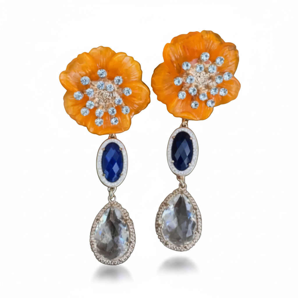 LUP152-LUCIA PIÑA-ARETES DE FLORES EN RESINA CON PIEDRA NATURAL Y CRISTAL-S1508
