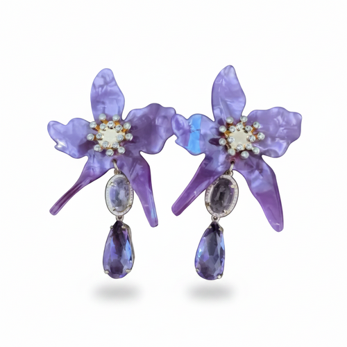 LUP154-LUCIA PIÑA-ARETES DE FLORES EN RESINA CON PIEDRA NATURAL Y CRISTAL -S1624