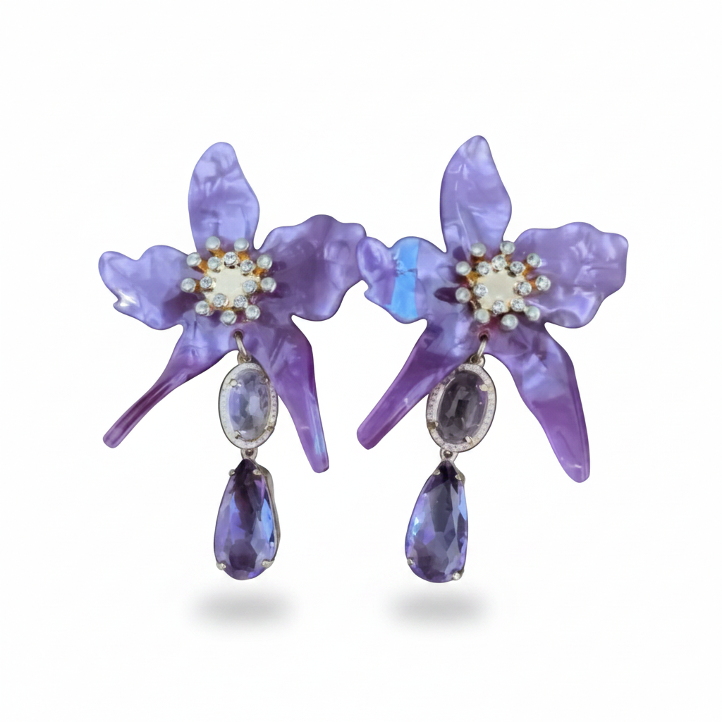 LUP154-LUCIA PIÑA-ARETES DE FLORES EN RESINA CON PIEDRA NATURAL Y CRISTAL -S1624