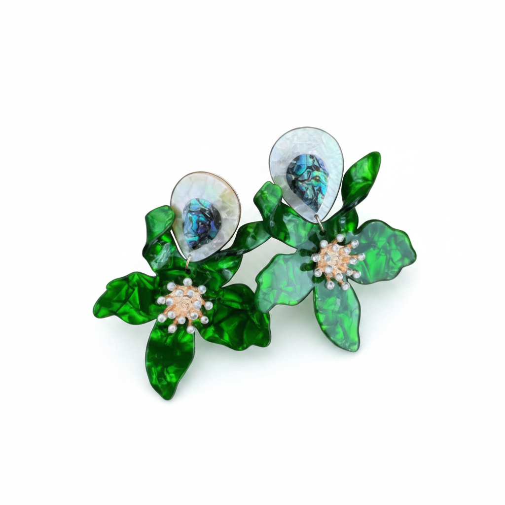 LUP155-LUCIA PIÑA-ARETES DE FLORES EN RESINA CON ABULÓN -S1624
