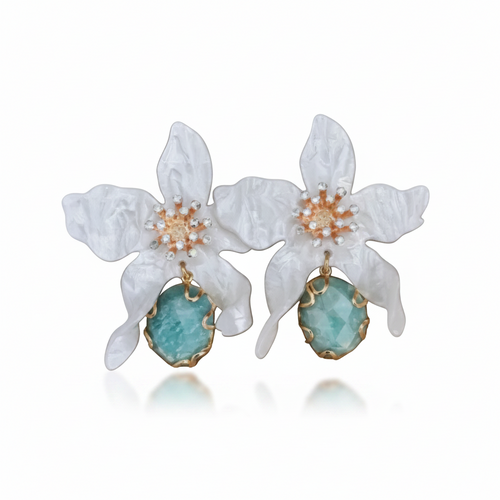LUP157-LUCIA PIÑA-ARETES DE FLORES EN RESINA CON PIEDRA NATURAL AMAZONITA  -S1624