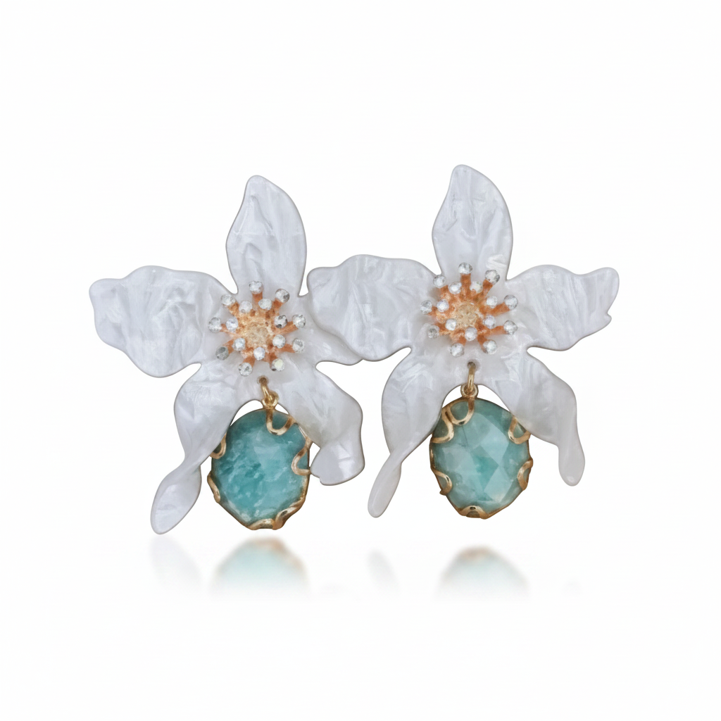 LUP157-LUCIA PIÑA-ARETES DE FLORES EN RESINA CON PIEDRA NATURAL AMAZONITA  -S1624