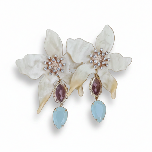 LUP158-LUCIA PIÑA-ARETES DE FLORES EN RESINA CON PIEDRA NATURAL Y CRISTAL-S1624
