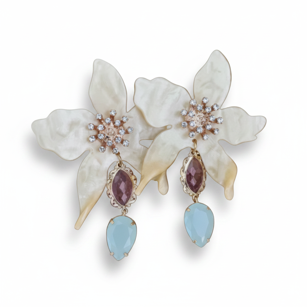 LUP158-LUCIA PIÑA-ARETES DE FLORES EN RESINA CON PIEDRA NATURAL Y CRISTAL-S1624