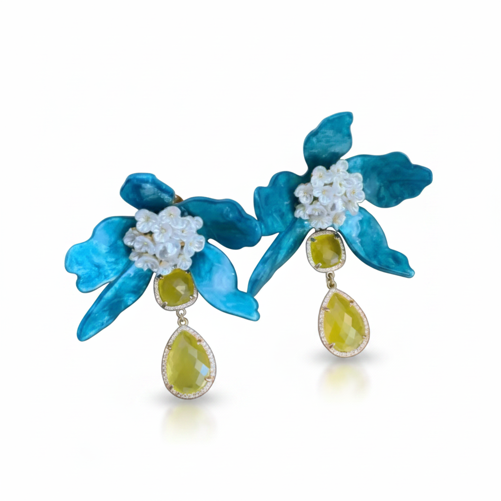 LUP159-LUCIA PIÑA-ARETES DE FLORES EN RESINA CON PIEDRA NATURAL Y CRISTAL-S1624