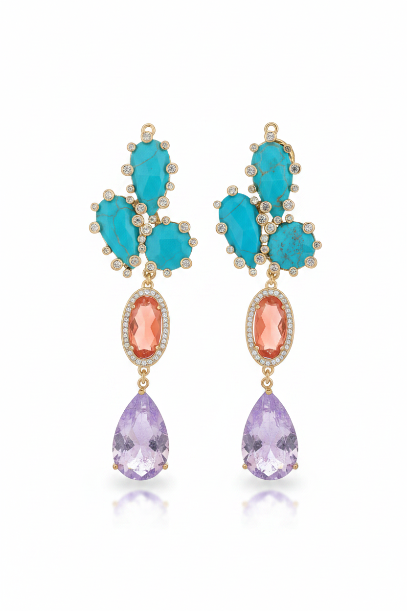 LUP166-LUCIA PIÑA-ARETES DE TURQUESAS CON PIEDRA NATURAL Y CRISTAL  -S1624
