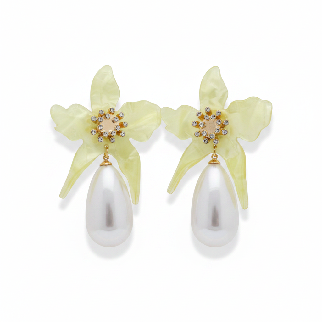 LUP172-LUCIA PIÑA-ARETES DE FLORES EN RESINA CON PERLA SINTÉTICA -S1508