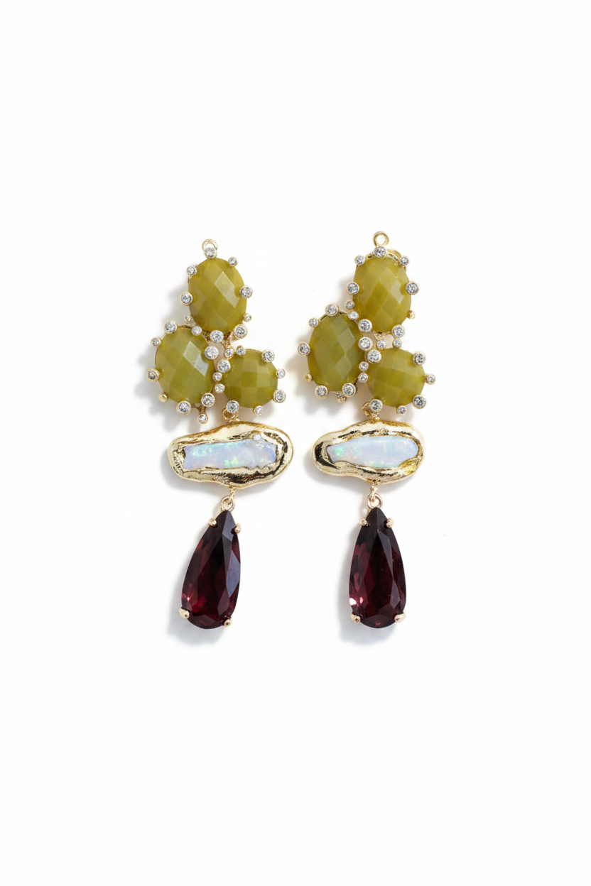 LUP173-LUCIA PIÑA-ARETES DE PIEDRAS NATURALES CON PERLA Y CRISTAL -S1508