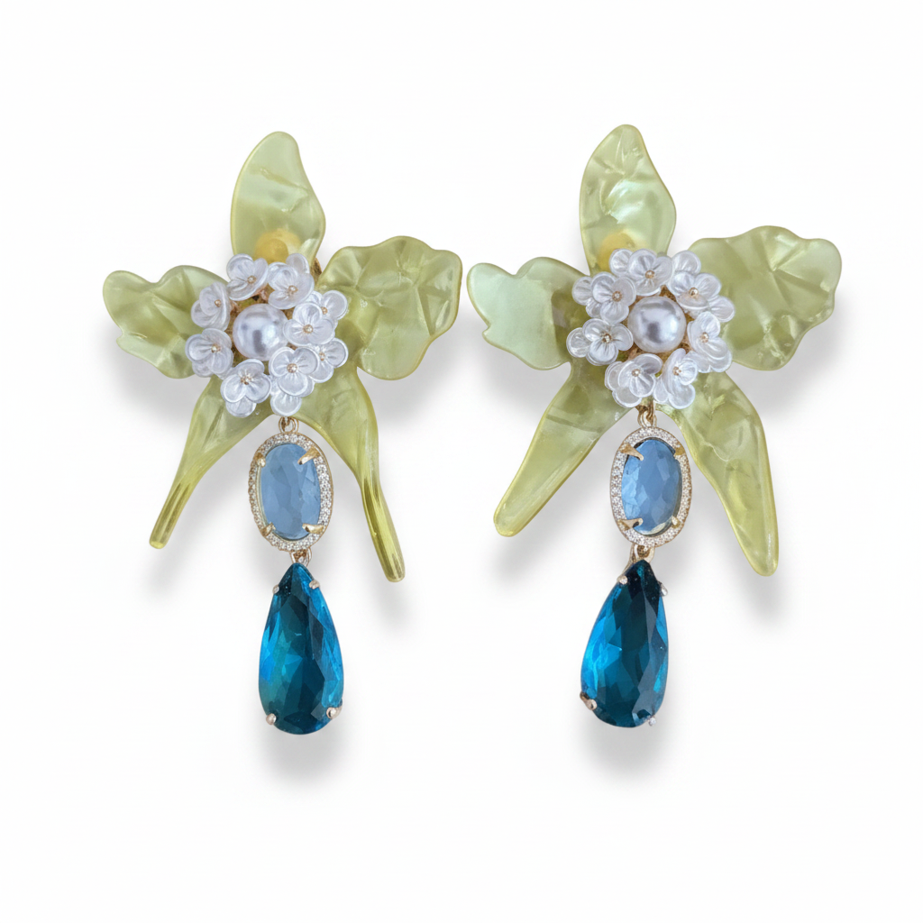 LUP177-LUCIA PIÑA-ARETES DE FLORES EN RESINA CON CRISTALES -S1508