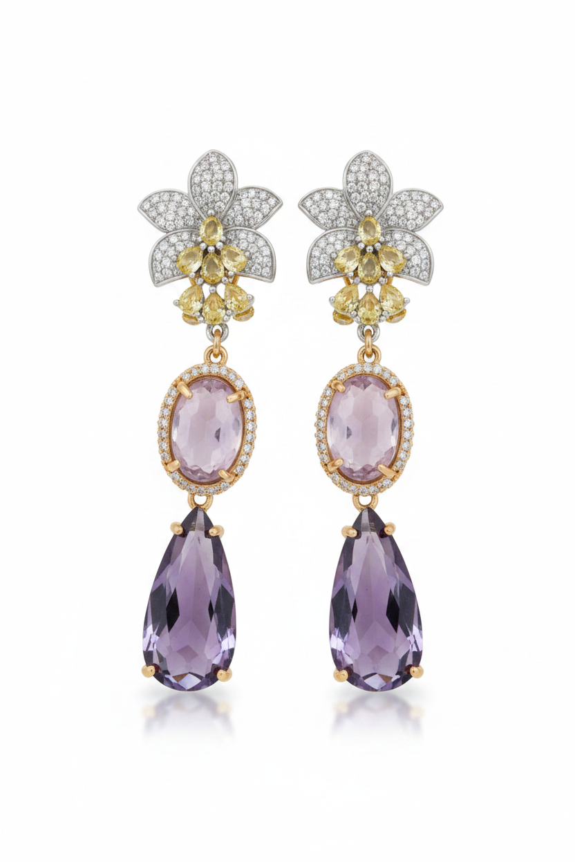 LUP184-LUCIA PIÑA-Aretes de flores en zirconias con piedras naturales y cristales  -S1508